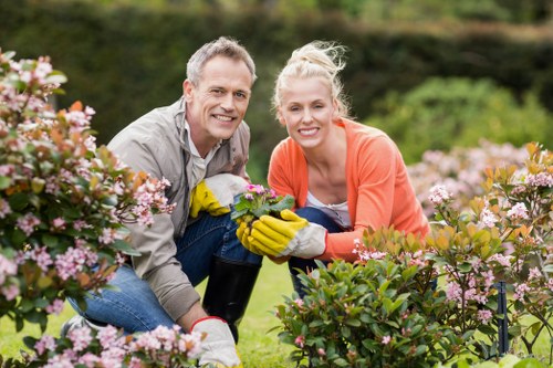 Team trimming hedges along a suburban Edmonton street